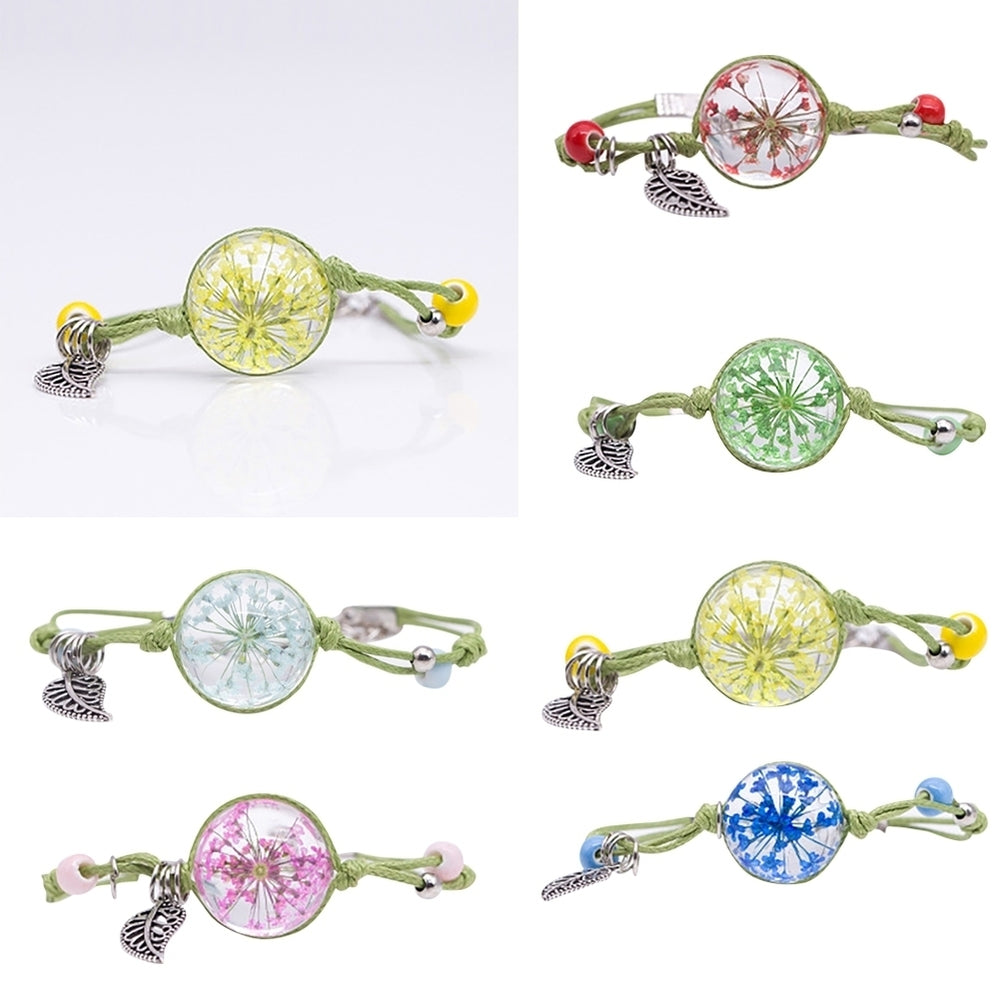 Women Weave Rope Dried Flower Glass Ball Leaf Bead Charm Bangle Bracelet Jewelry Image 2