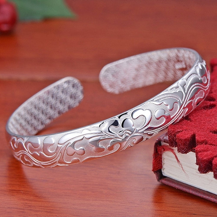 Luxury Women Floral Carving Open Bangle Bracelet Valentines Day Gift Jewelry Image 1