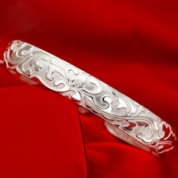 Luxury Women Floral Carving Open Bangle Bracelet Valentines Day Gift Jewelry Image 11