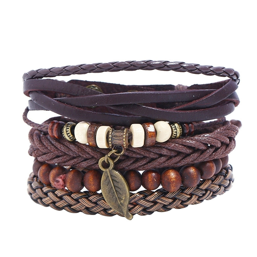 4Pcs Men Faux Leather Leaf Pendant Multi-layer Braided Bracelet Wristband Image 1