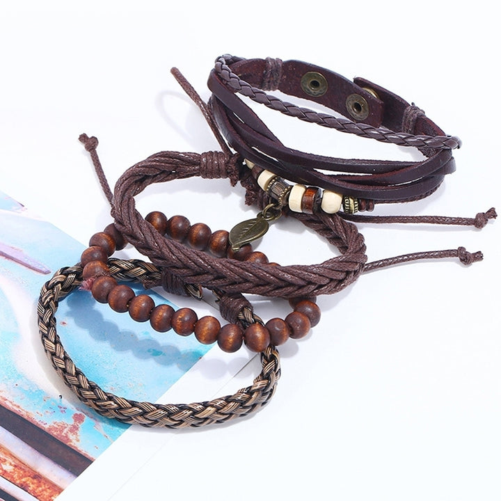 4Pcs Men Faux Leather Leaf Pendant Multi-layer Braided Bracelet Wristband Image 2