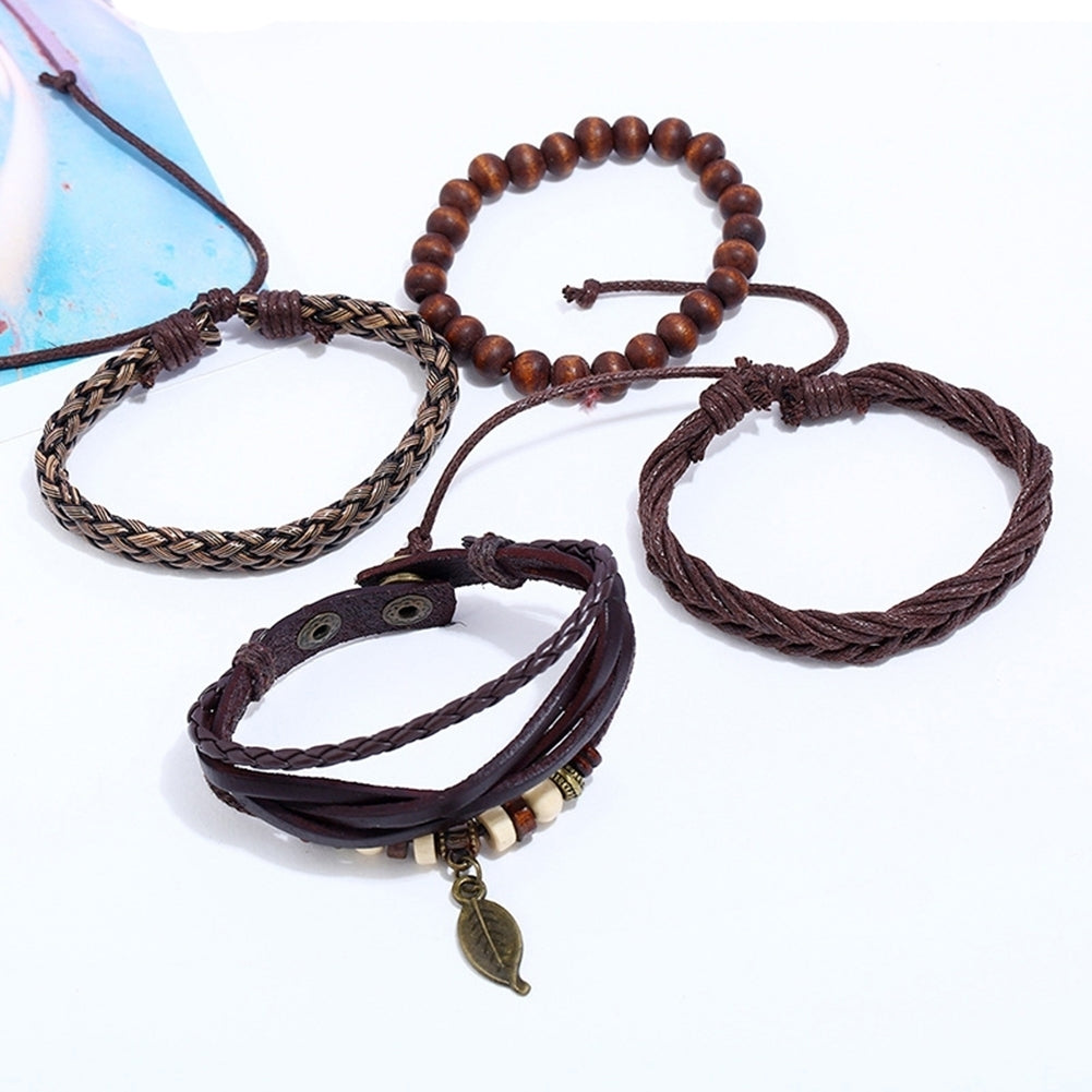 4Pcs Men Faux Leather Leaf Pendant Multi-layer Braided Bracelet Wristband Image 3