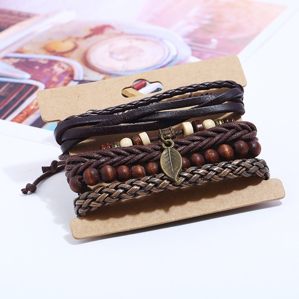 4Pcs Men Faux Leather Leaf Pendant Multi-layer Braided Bracelet Wristband Image 4