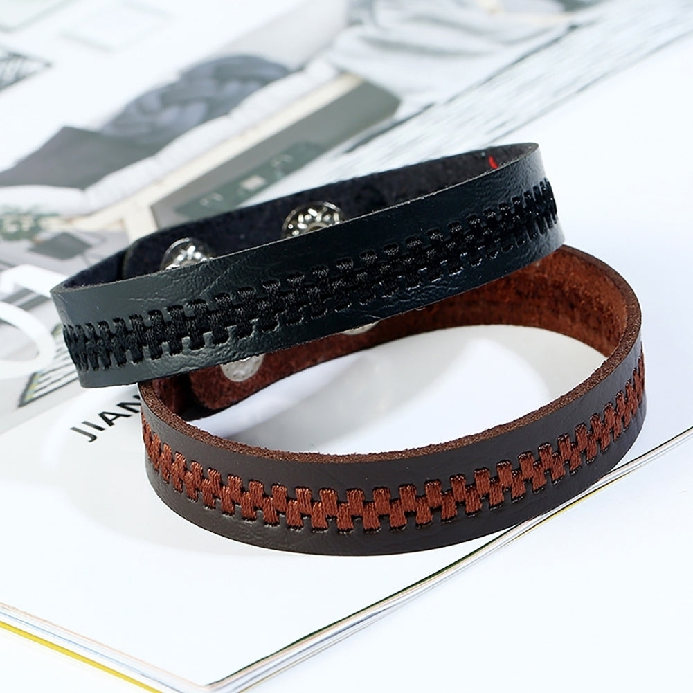 Simple Embroidery Zipper Faux Leather Unisex Couple Bracelet Bangle Jewelry Gift Image 1