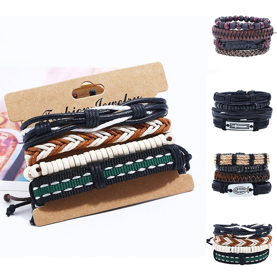 4Pcs Multi-layer Men Faux Leather Bracelet Adjustable Rope Wristband Jewelry Image 1