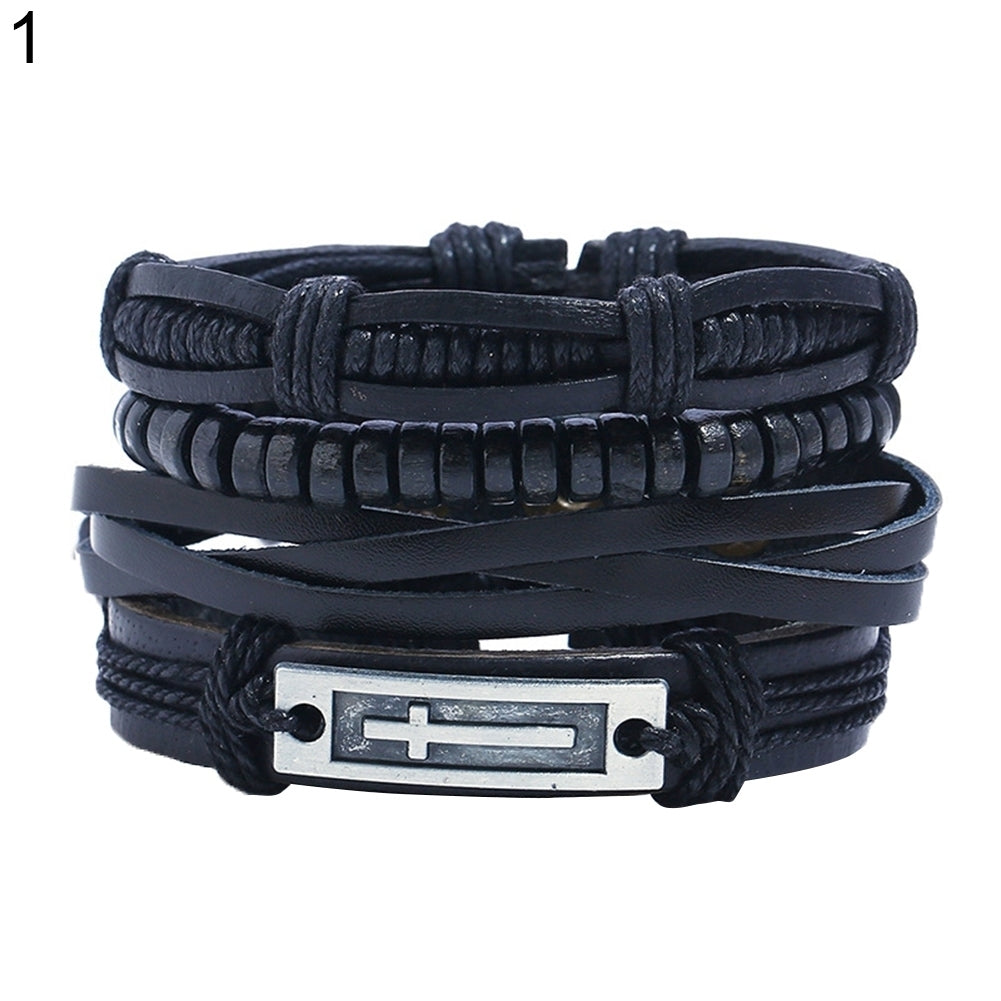 4Pcs Multi-layer Men Faux Leather Bracelet Adjustable Rope Wristband Jewelry Image 2