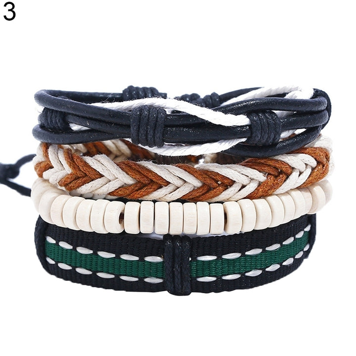 4Pcs Multi-layer Men Faux Leather Bracelet Adjustable Rope Wristband Jewelry Image 3