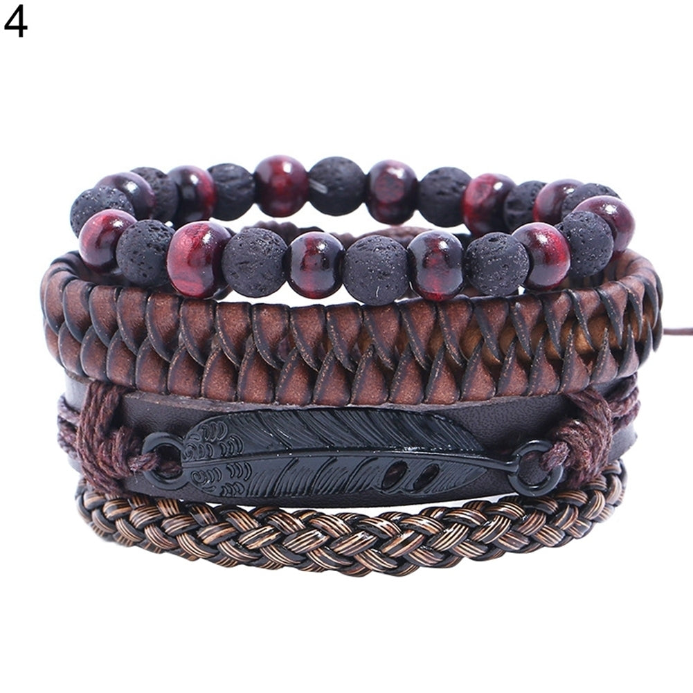 4Pcs Multi-layer Men Faux Leather Bracelet Adjustable Rope Wristband Jewelry Image 4