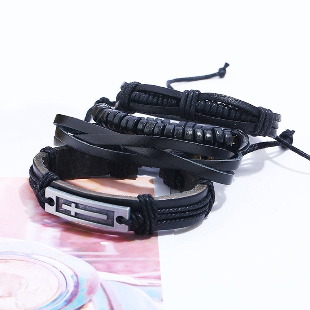 4Pcs Multi-layer Men Faux Leather Bracelet Adjustable Rope Wristband Jewelry Image 6