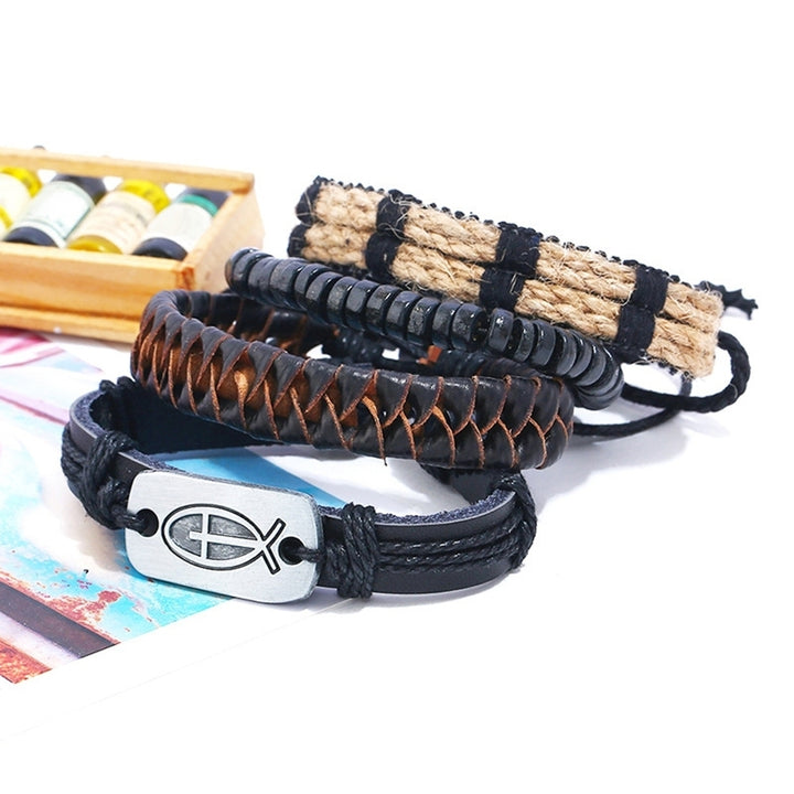 4Pcs Multi-layer Men Faux Leather Bracelet Adjustable Rope Wristband Jewelry Image 11