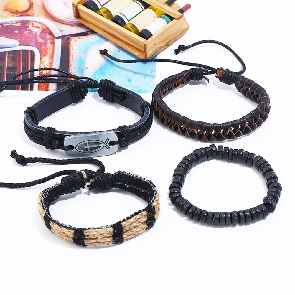 4Pcs Multi-layer Men Faux Leather Bracelet Adjustable Rope Wristband Jewelry Image 12