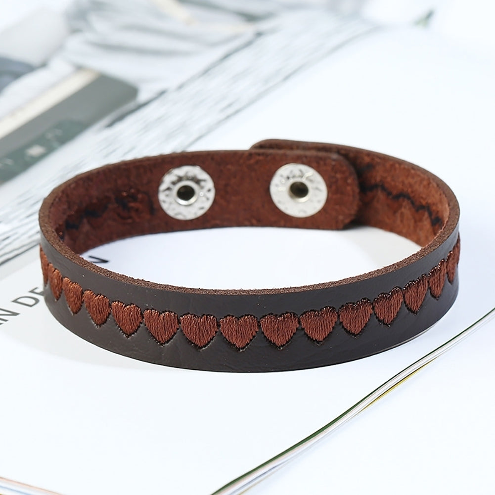 Embroidery Heart Faux Leather Snap Button Unisex Couple Bracelet Bangle Jewelry Image 4