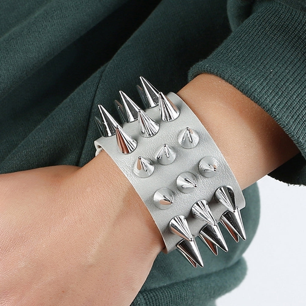 Punk Men Women Faux Leather Multiple Spikes Bracelet Bangle Jewelry Wrist Decor Image 2