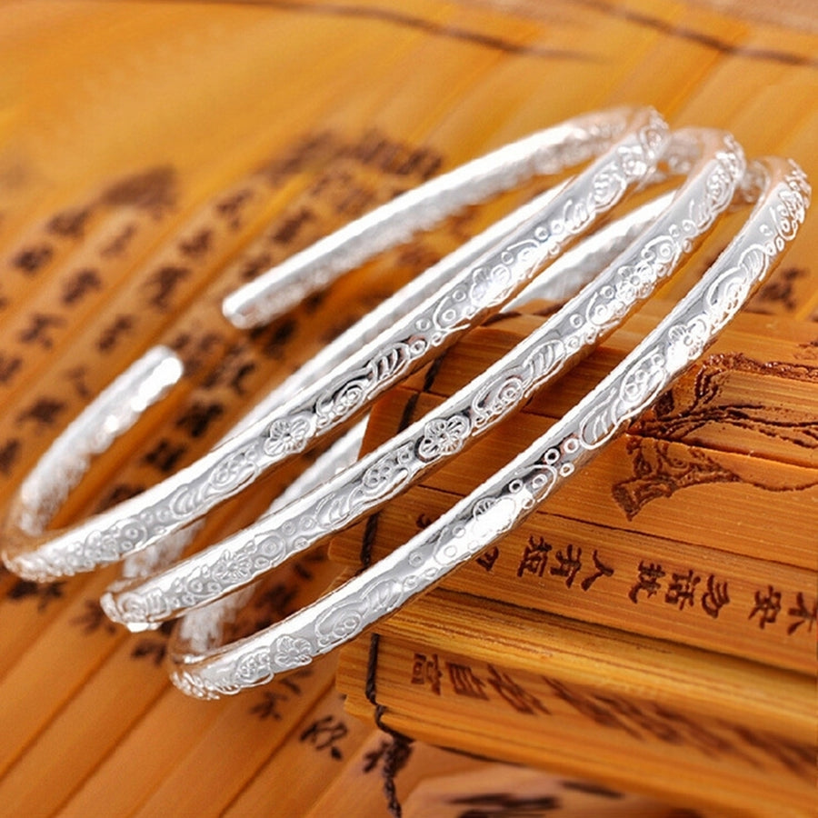 Women Fashion Silver Plated Flower Engraved Open Bangle Bracelet Jewelry Gift Image 1