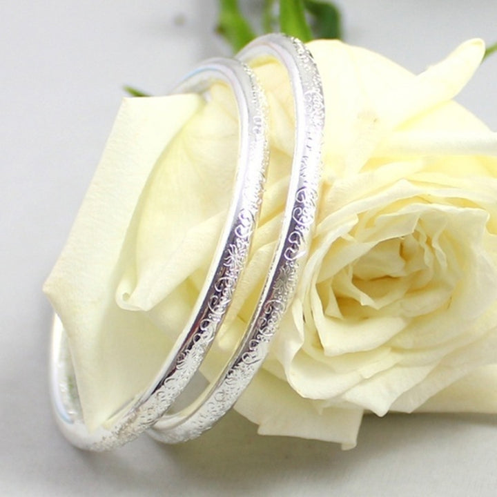 Women Fashion Silver Plated Flower Engraved Open Bangle Bracelet Jewelry Gift Image 2