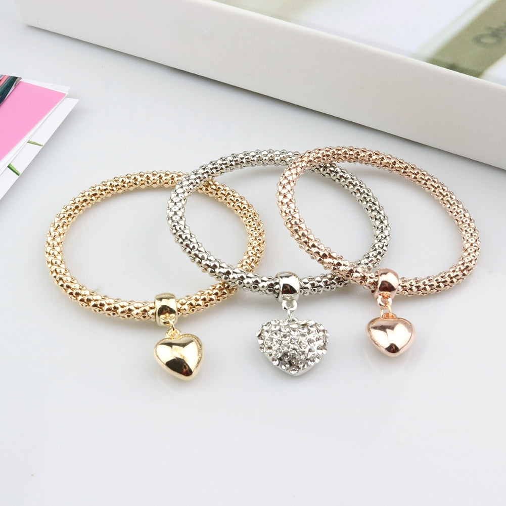 3Pcs Rhinestone Heart Hand of Fatima Charm Corn Chain Lady Bracelet Bangle Image 3