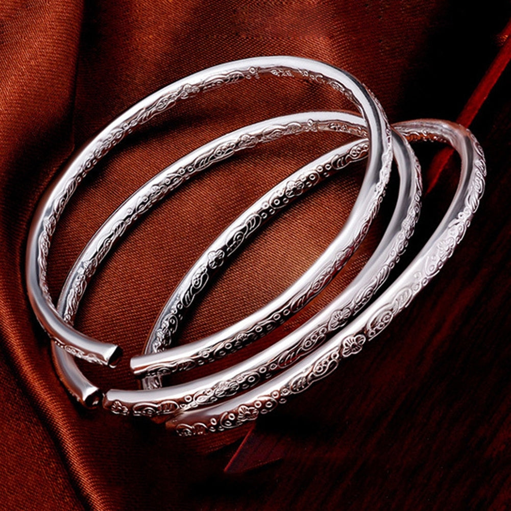 Women Fashion Silver Plated Flower Engraved Open Bangle Bracelet Jewelry Gift Image 4