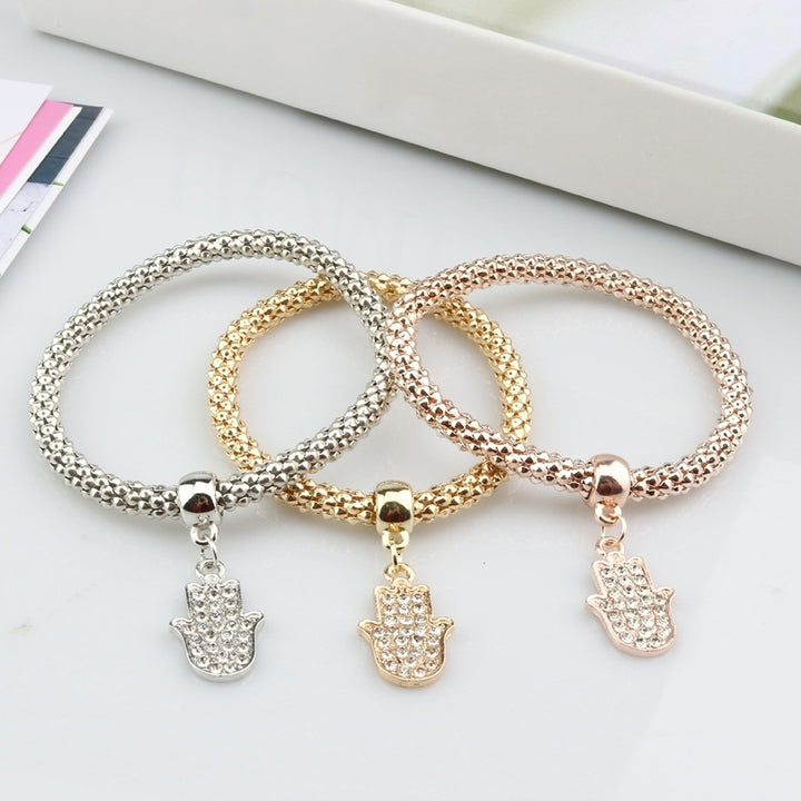 3Pcs Rhinestone Heart Hand of Fatima Charm Corn Chain Lady Bracelet Bangle Image 7