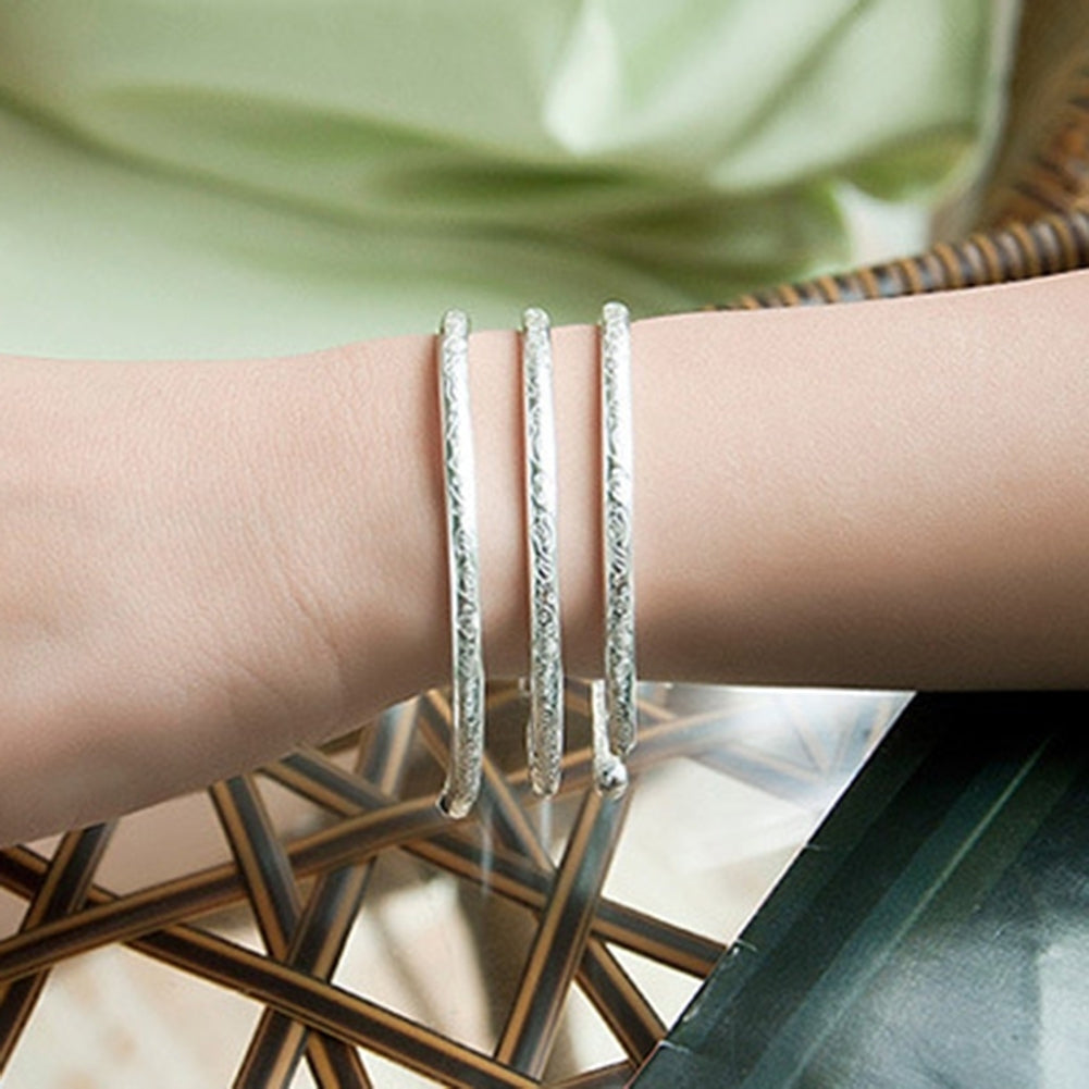 Women Fashion Silver Plated Flower Engraved Open Bangle Bracelet Jewelry Gift Image 9