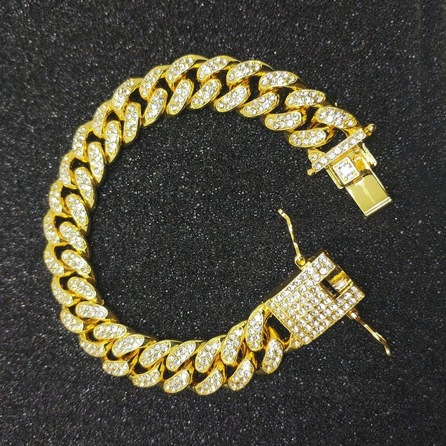 Hip Hop Men Cuban Link Chain Bracelet Shiny Rhinestone Inlaid Bangle Jewelry Image 1