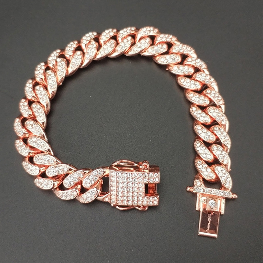 Hip Hop Men Cuban Link Chain Bracelet Shiny Rhinestone Inlaid Bangle Jewelry Image 7