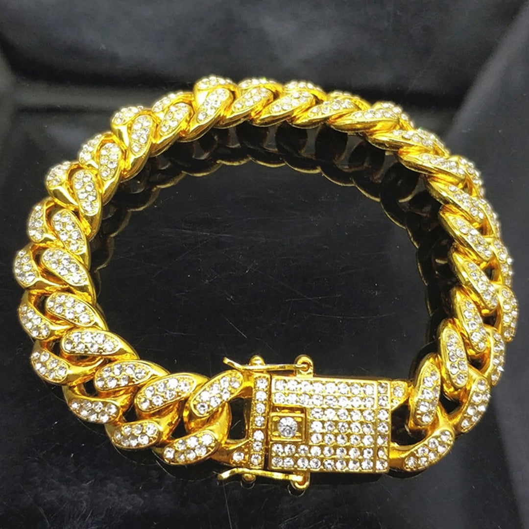 Hip Hop Men Cuban Link Chain Bracelet Shiny Rhinestone Inlaid Bangle Jewelry Image 8