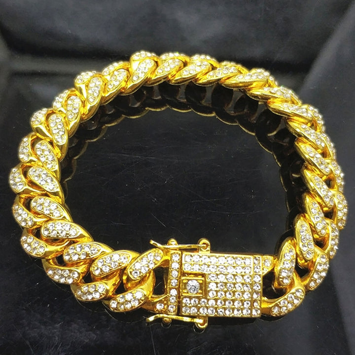 Hip Hop Men Cuban Link Chain Bracelet Shiny Rhinestone Inlaid Bangle Jewelry Image 8