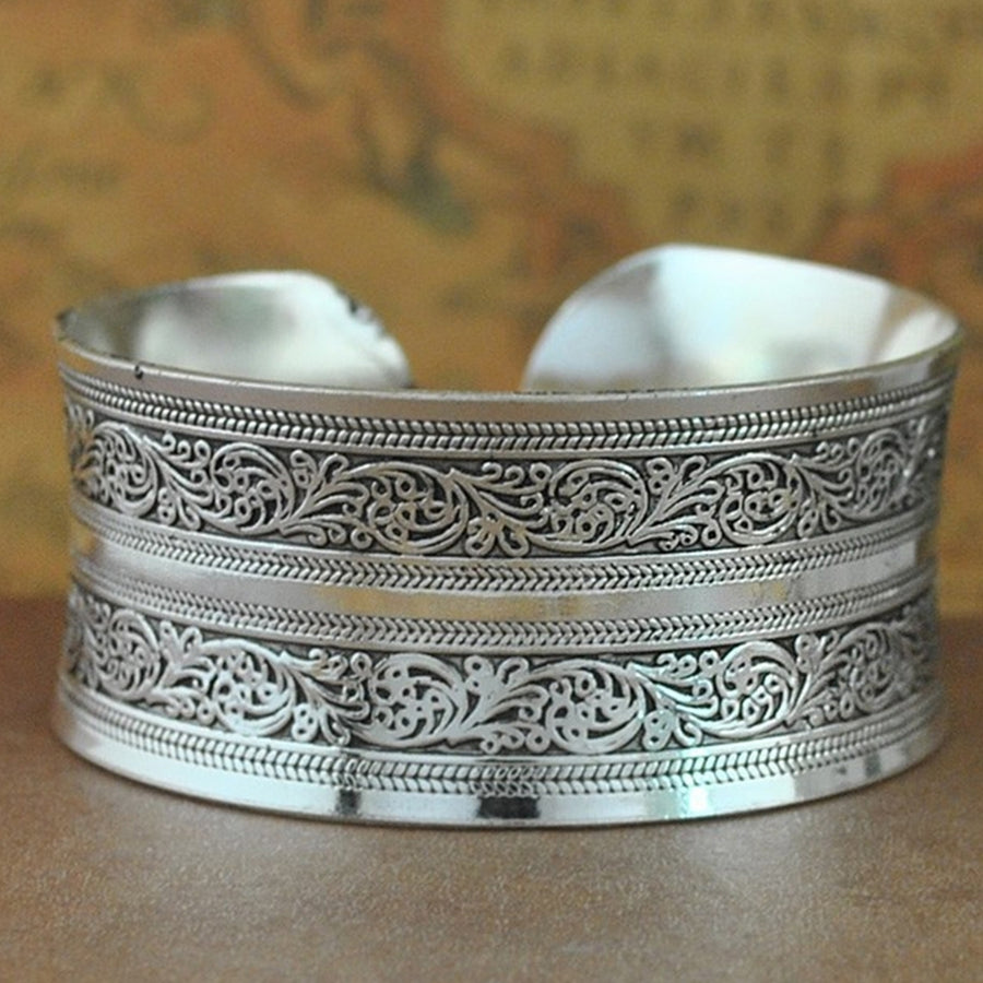 Bohemian Flower Engraving Open Bangle Carved Cuff Bracelet Women Jewelry Gift Image 1