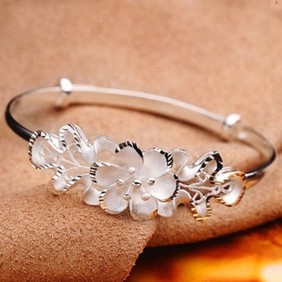 Fashion Flower Adjustable Cuff Bangle Woman Silver Plated Bracelet Hand Jewelry Image 1