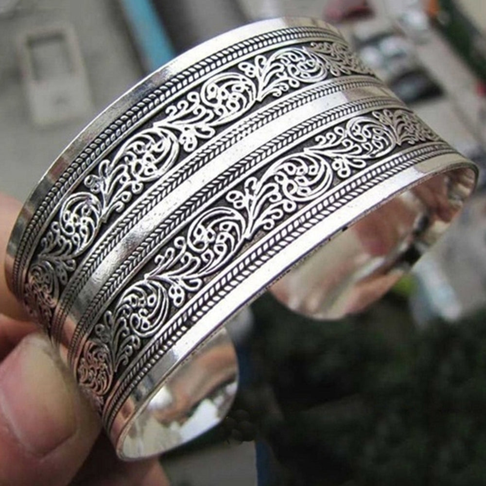 Bohemian Flower Engraving Open Bangle Carved Cuff Bracelet Women Jewelry Gift Image 2