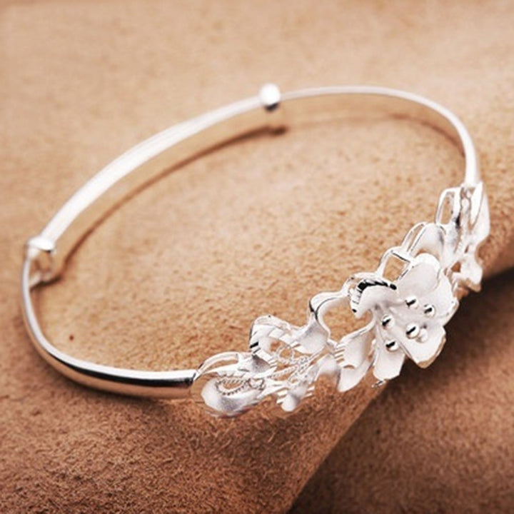 Fashion Flower Adjustable Cuff Bangle Woman Silver Plated Bracelet Hand Jewelry Image 2