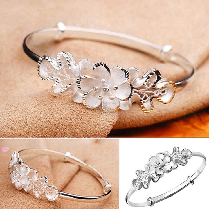 Fashion Flower Adjustable Cuff Bangle Woman Silver Plated Bracelet Hand Jewelry Image 3