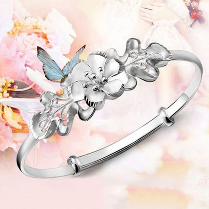 Fashion Flower Adjustable Cuff Bangle Woman Silver Plated Bracelet Hand Jewelry Image 4