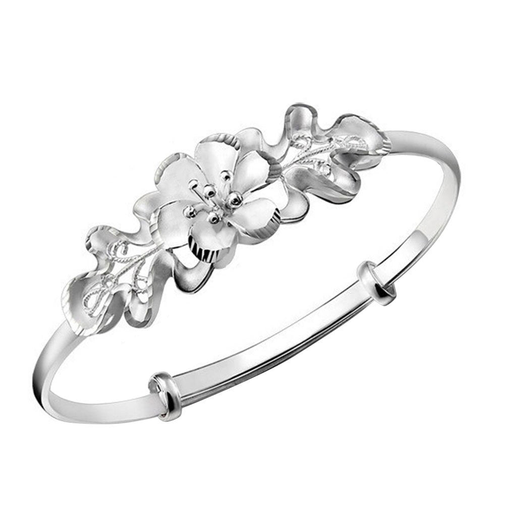 Fashion Flower Adjustable Cuff Bangle Woman Silver Plated Bracelet Hand Jewelry Image 6