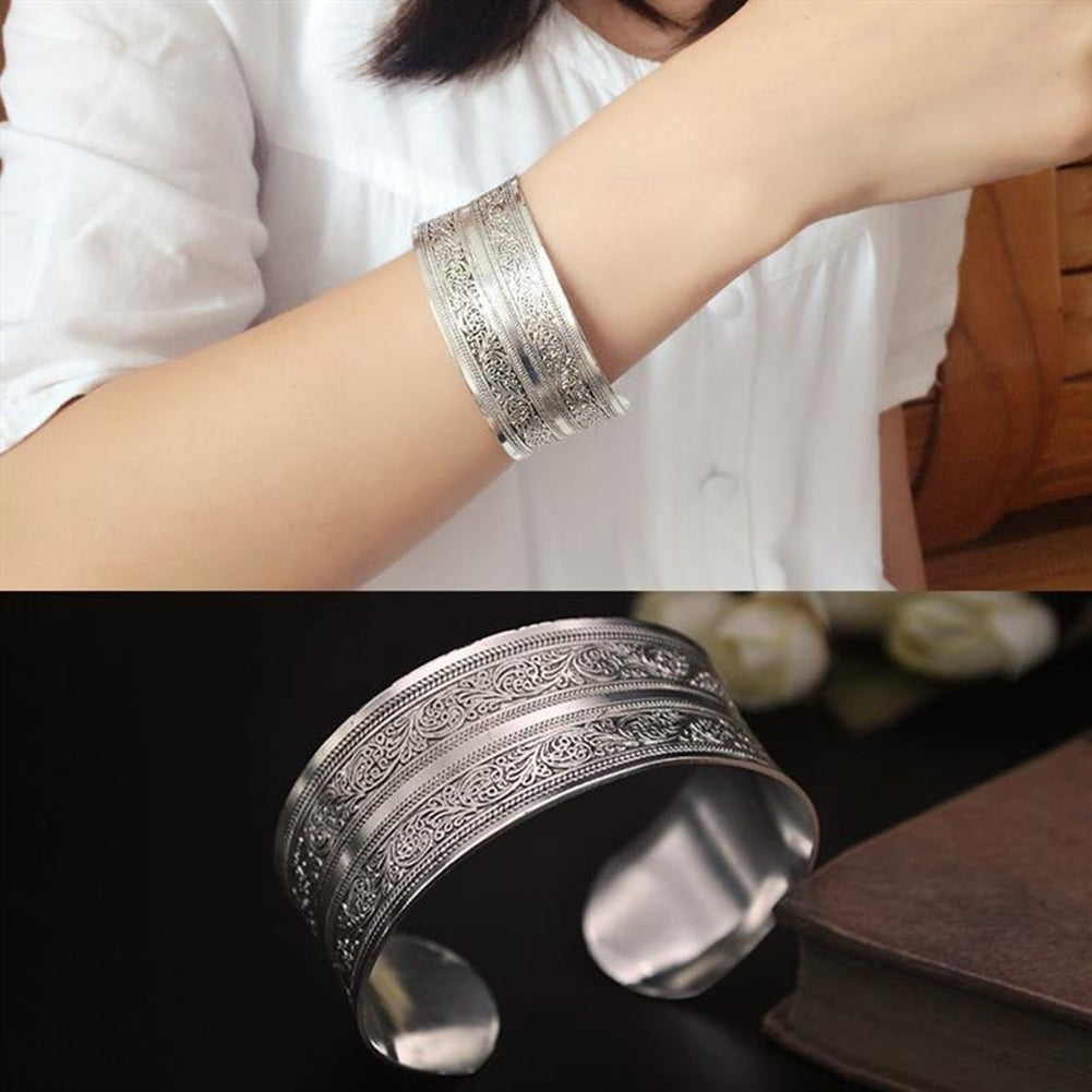 Bohemian Flower Engraving Open Bangle Carved Cuff Bracelet Women Jewelry Gift Image 7