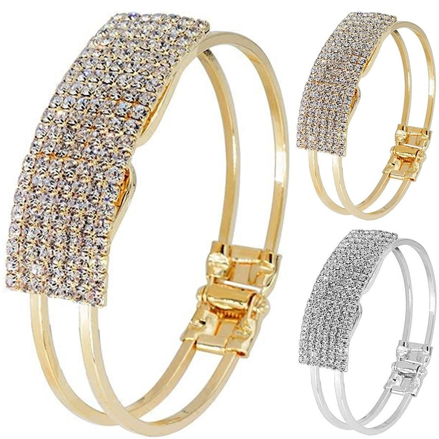 Luxury Full Rhinestone Inlaid Hollow Band Cuff Bangle Bracelet Women Jewelry Image 1