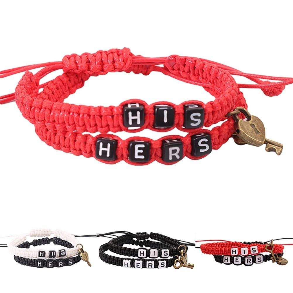 2Pcs HIS HERS Letter Lock Key Charm Handmade Woven Couple Bracelet Bangle Image 1