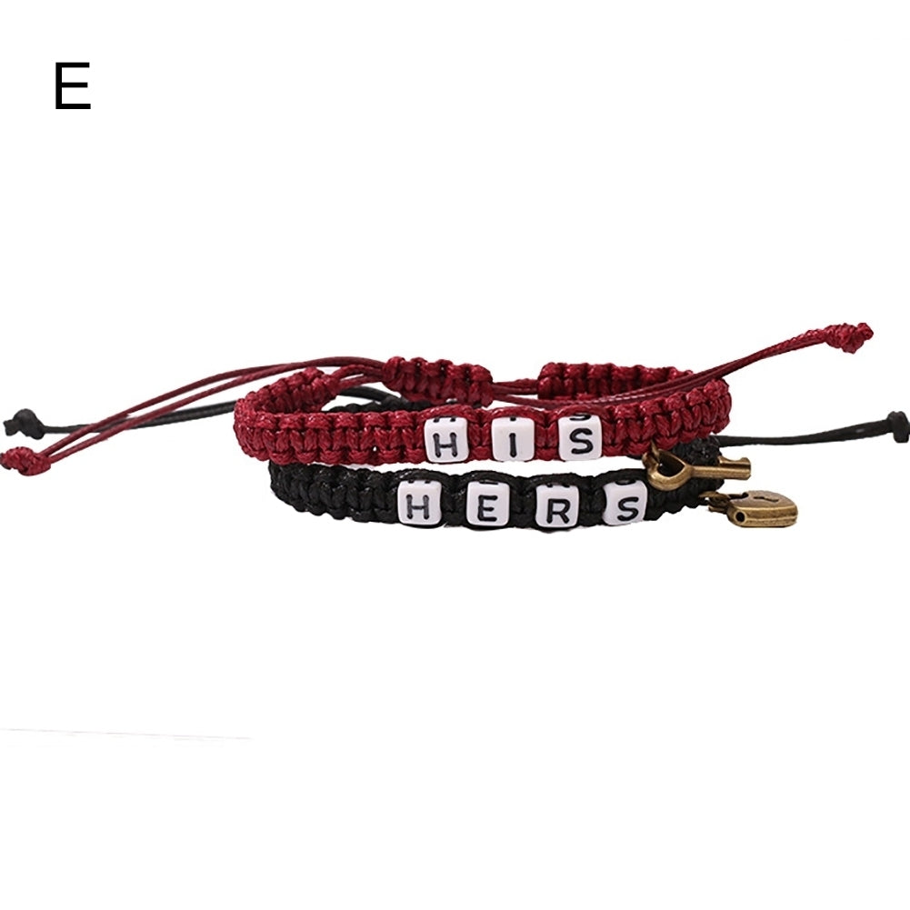 2Pcs HIS HERS Letter Lock Key Charm Handmade Woven Couple Bracelet Bangle Image 3