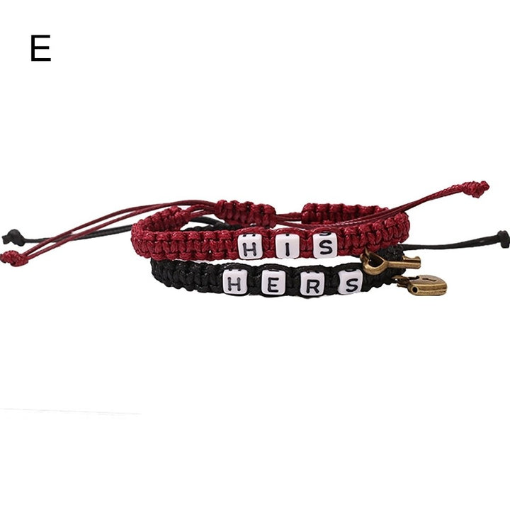 2Pcs HIS HERS Letter Lock Key Charm Handmade Woven Couple Bracelet Bangle Image 1