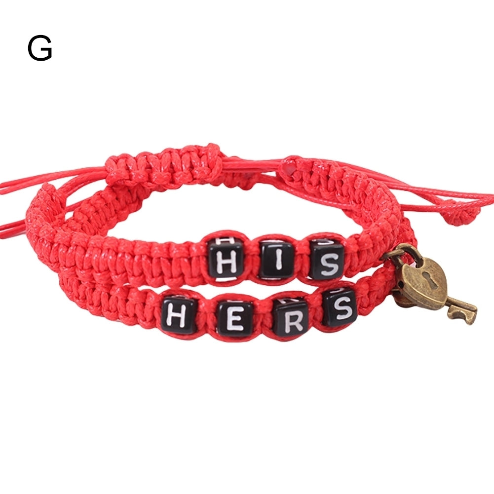 2Pcs HIS HERS Letter Lock Key Charm Handmade Woven Couple Bracelet Bangle Image 4