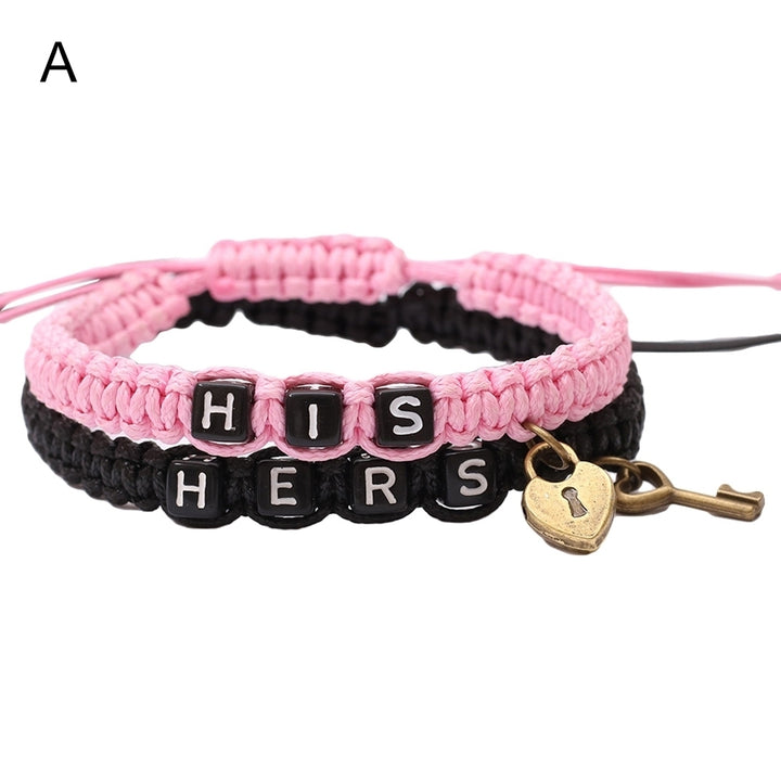 2Pcs HIS HERS Letter Lock Key Charm Handmade Woven Couple Bracelet Bangle Image 4