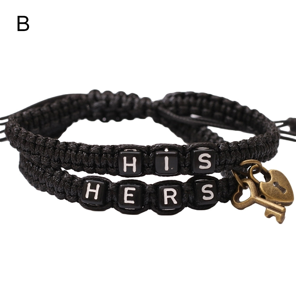 2Pcs HIS HERS Letter Lock Key Charm Handmade Woven Couple Bracelet Bangle Image 6