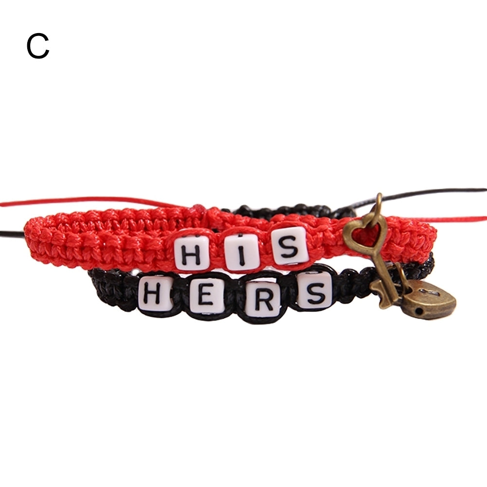 2Pcs HIS HERS Letter Lock Key Charm Handmade Woven Couple Bracelet Bangle Image 7