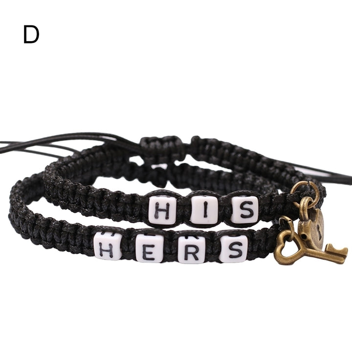 2Pcs HIS HERS Letter Lock Key Charm Handmade Woven Couple Bracelet Bangle Image 8