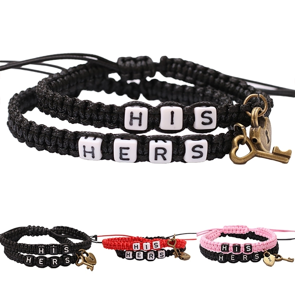 2Pcs HIS HERS Letter Lock Key Charm Handmade Woven Couple Bracelet Bangle Image 9