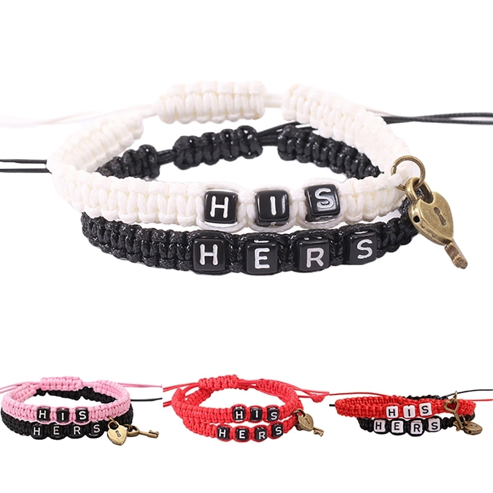 2Pcs HIS HERS Letter Lock Key Charm Handmade Woven Couple Bracelet Bangle Image 10