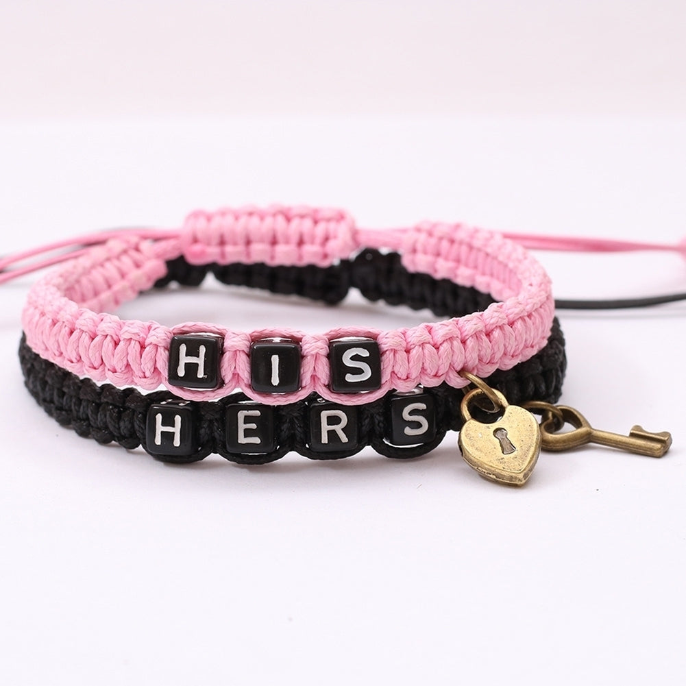 2Pcs HIS HERS Letter Lock Key Charm Handmade Woven Couple Bracelet Bangle Image 11