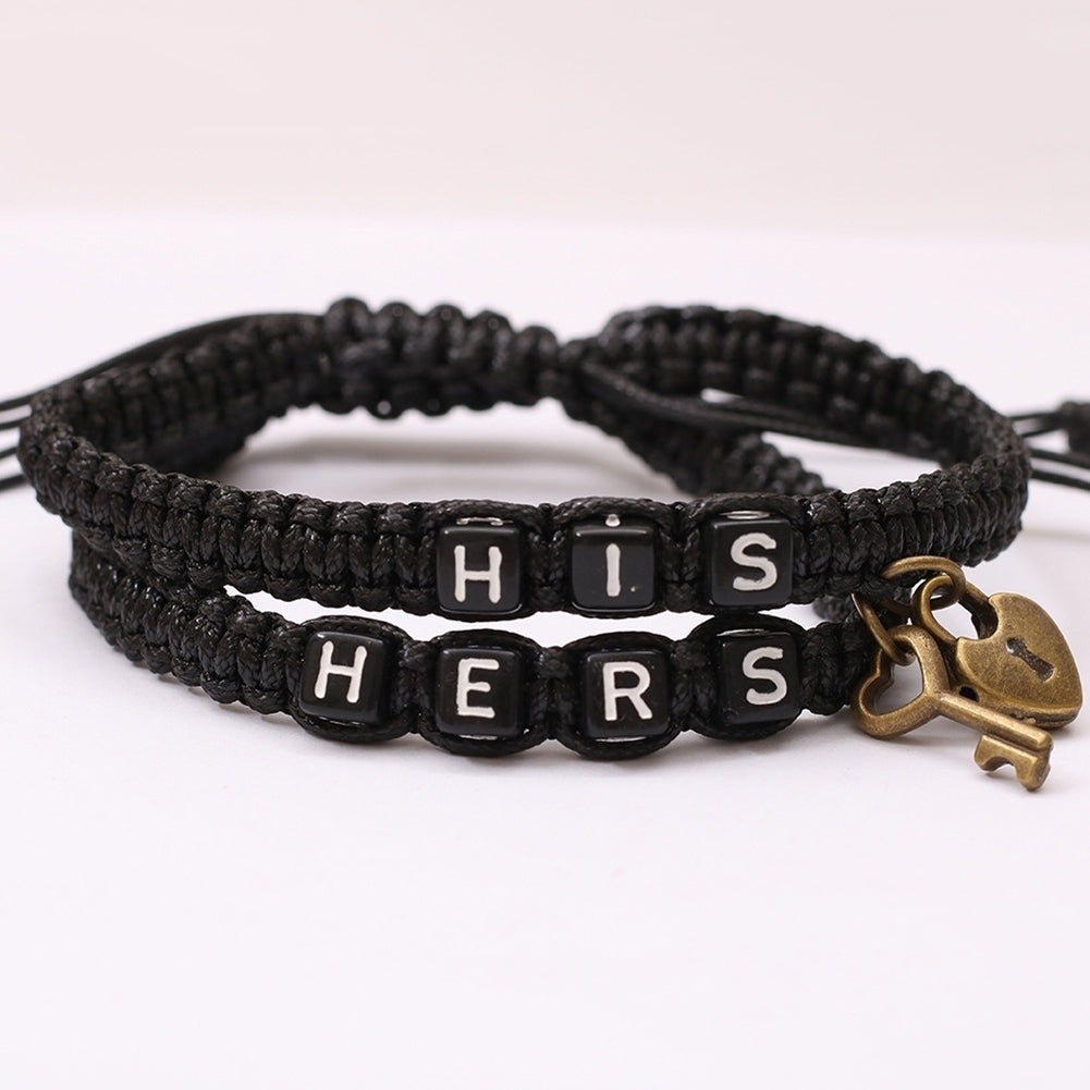 2Pcs HIS HERS Letter Lock Key Charm Handmade Woven Couple Bracelet Bangle Image 12