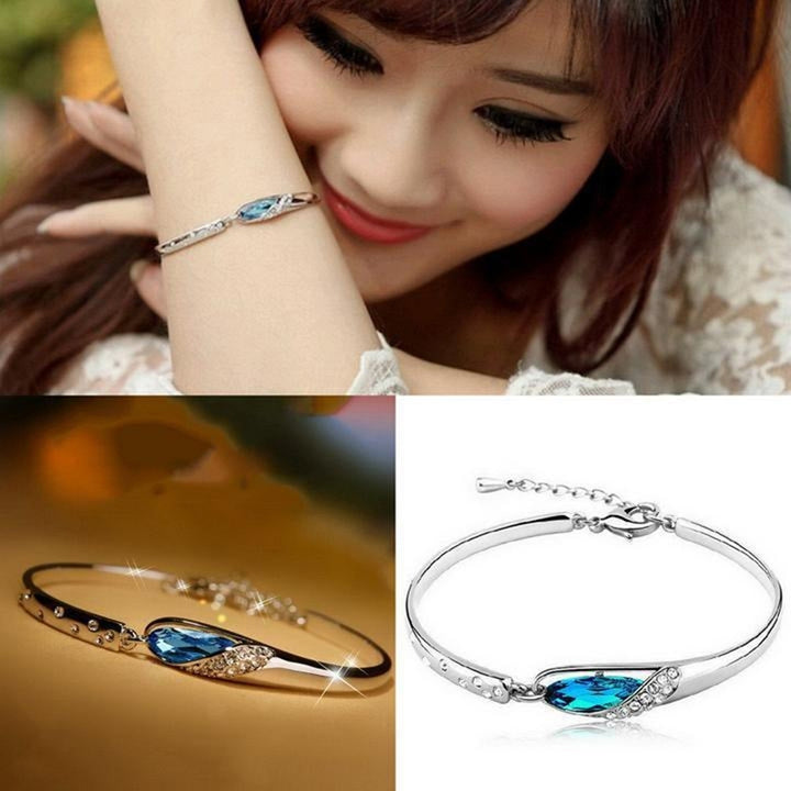 Fashion Lady Silver Plated Chain Bracelet Charm Cuff Peacock Blue Bangle Jewelry Image 3