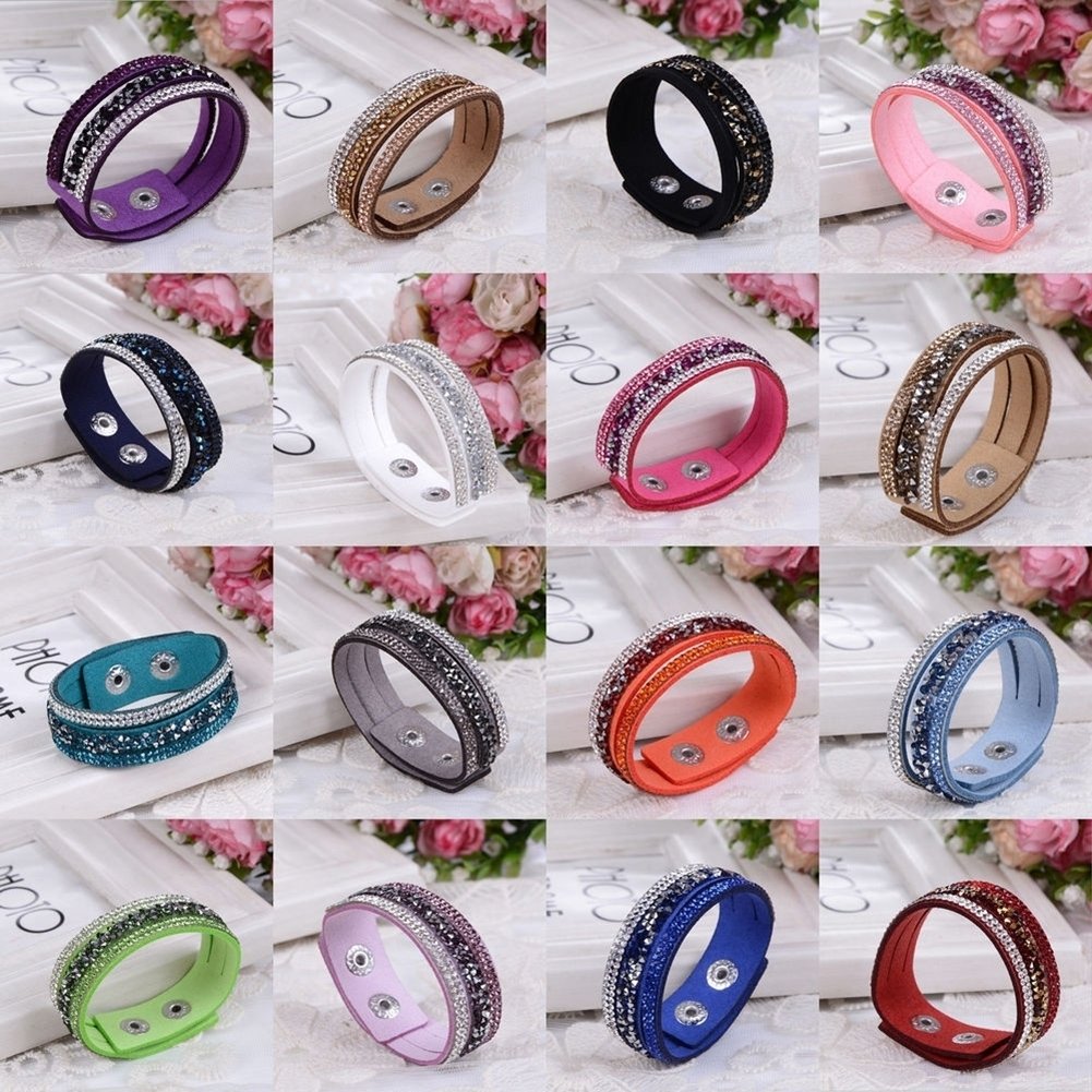 Womens Fashion Rhinestone Faux Leather Wristband Cuff Punk Bracelet Bangle Gift Image 1